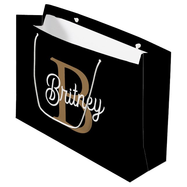 Modernes, elegantes Monogramm Name Schwarz Graue S Große Geschenktüte (Vorderseite Schrägansicht)