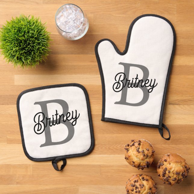 Modernes, elegantes Monogramm Name Schwarz Graue S Ofenhandschuh & Topflappen-Set (Oben Unten)