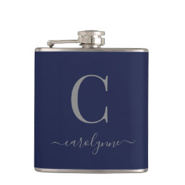 Modernes elegantes Navy Blue Silver Monogram Flachmann