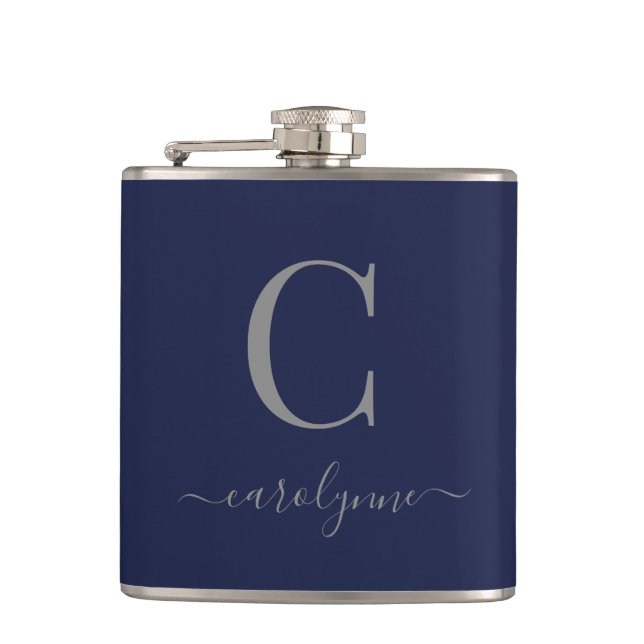 Modernes elegantes Navy Blue Silver Monogram Flachmann (Vorderseite)