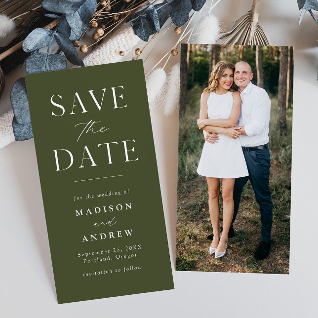 Modernes elegantes Olive Green Foto Save the Date (Von Creator hochgeladen)
