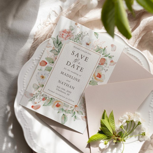 Modernes Elegantes Peach Floral Save the Date (Von Creator hochgeladen)