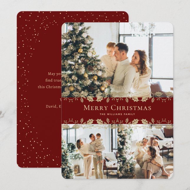 Modernes elegantes Red Gold Foto Frohe Weihnachten (Vorne/Hinten)