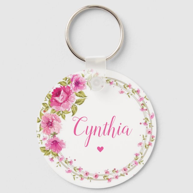 Modernes elegantes, rosa, florales Girly Monogramm Schlüsselanhänger (Vorderseite)