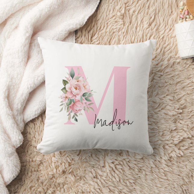 Modernes, elegantes rosa, florales Monogramm Kissen (Decke)
