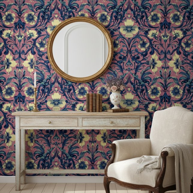 Modernes elegantes rosa und blaues Blumenbarock Tapete (Von Creator hochgeladen)