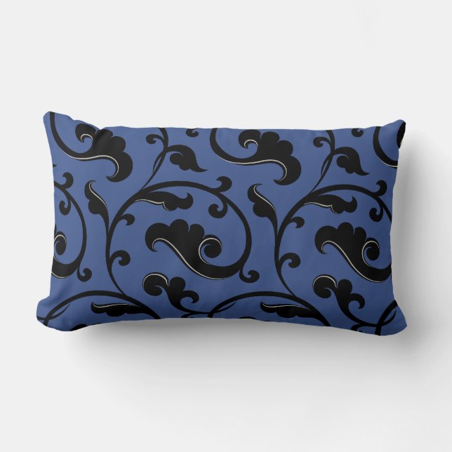 Modernes elegantes, schwarz-blau-blumengeschmückte lendenkissen (Vorderseite)