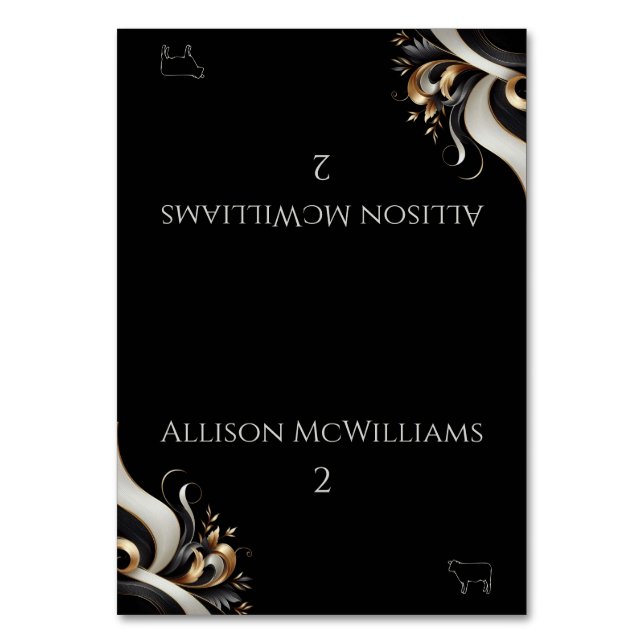 Modernes elegantes Schwarz-Gold-Meat-Symbol Tischnummer (Vorderseite)