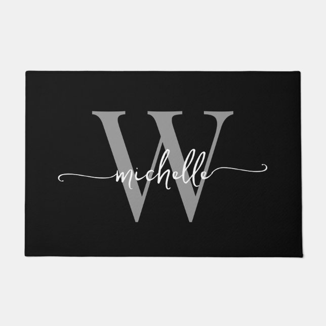 Modernes, elegantes Schwarz-Grau-Monogramm-Namenss Fußmatte (Vorderseite)