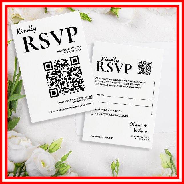 Modernes elegantes Schwarz-Weiß-QR-Code Hochzeit R RSVP Karte (Von Creator hochgeladen)