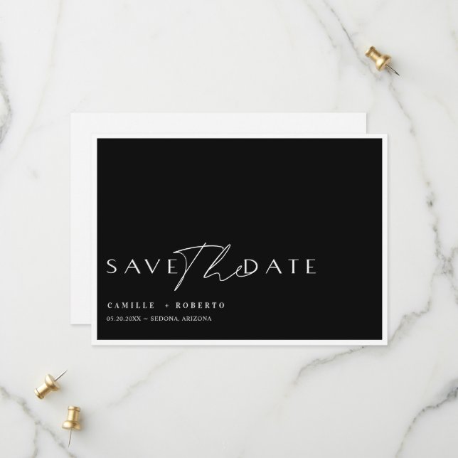 Modernes & elegantes Schwarz-Weiß-Script Save The Date (Vorderseite/Rückseite Beispiel)