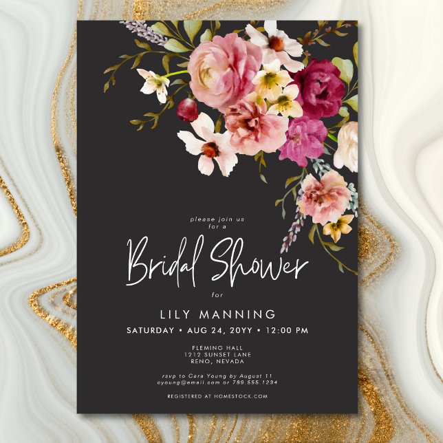 Modernes elegantes Schwarzes Brautparty auf der Wi Einladung (Modern Elegant Meadow Floral Black Bridal Luncheon Invitation)