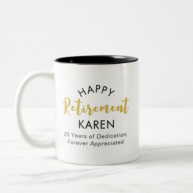 Modernes, elegantes Script Black Gold Happy Rentir Zweifarbige Tasse (Links)