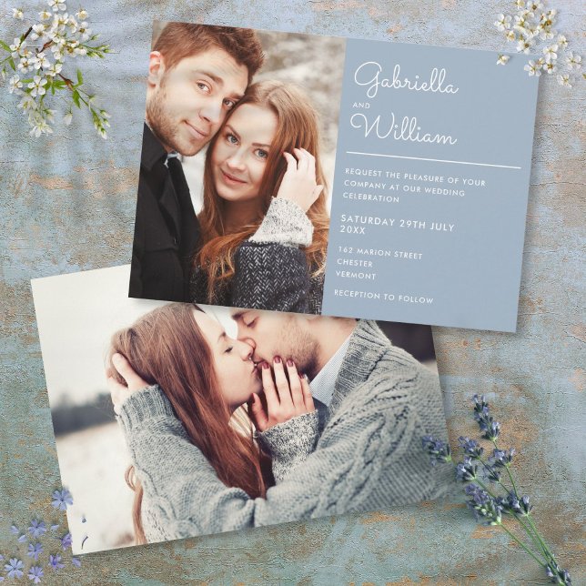 Modernes, elegantes Script Dusty Blue 2 Foto Weddi Einladung (Modern Elegant Script Dusty Blue 2 Photo Wedding Invitation)
