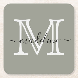 Modernes, elegantes Script Evergreen Fog Monogram Rechteckiger Pappuntersetzer