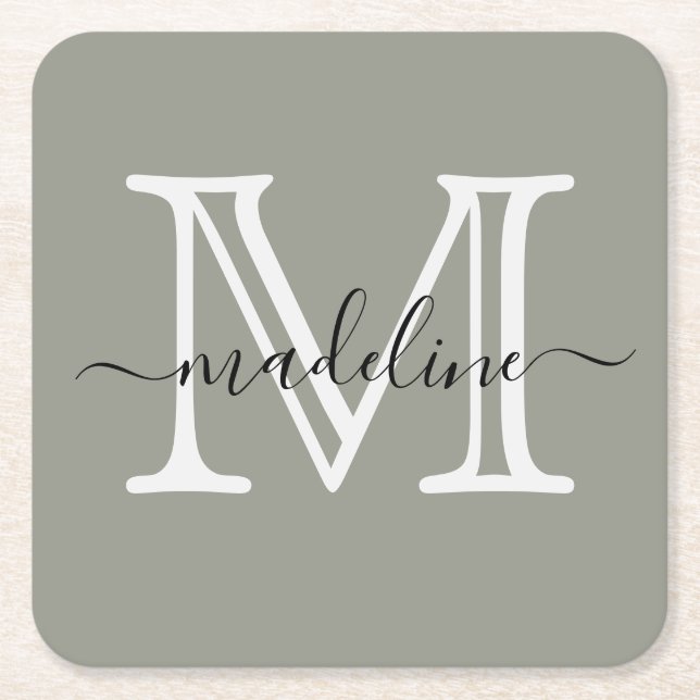 Modernes, elegantes Script Evergreen Fog Monogram Rechteckiger Pappuntersetzer (Vorderseite)