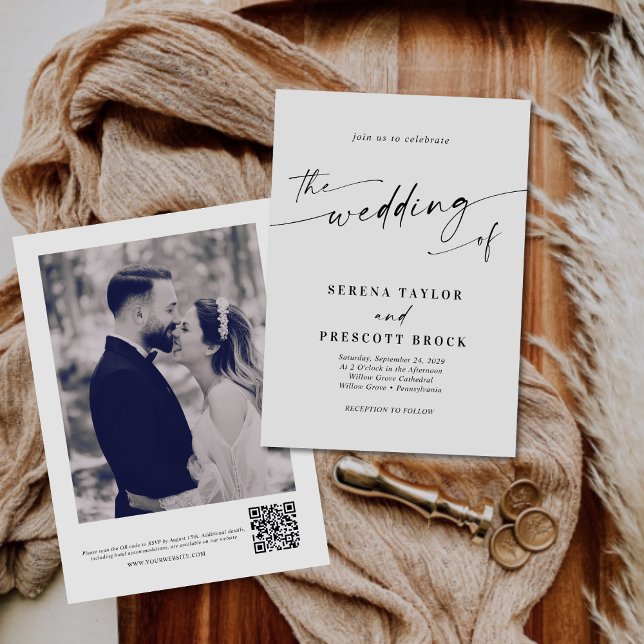 Modernes, elegantes Script-Foto QR-Code Hochzeit Einladung (Von Creator hochgeladen)