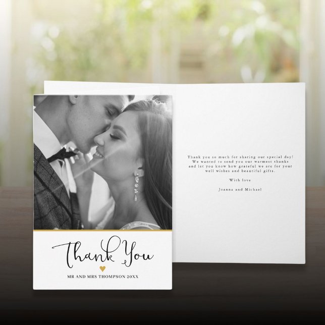 Modernes, elegantes Script Gold Heart Wedding Foto Dankeskarte (Modern Elegant Script Gold Heart Wedding Photo Thank You Card)