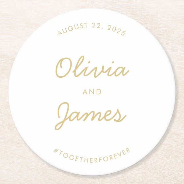Modernes, elegantes Script Gold Wedding Custom Has Runder Pappuntersetzer (Vorderseite)