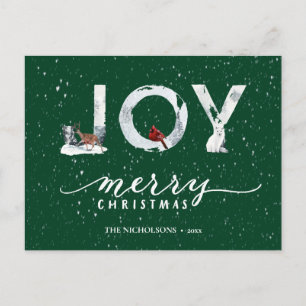 Modernes, elegantes Script JOY White Snow Overlay Feiertagspostkarte