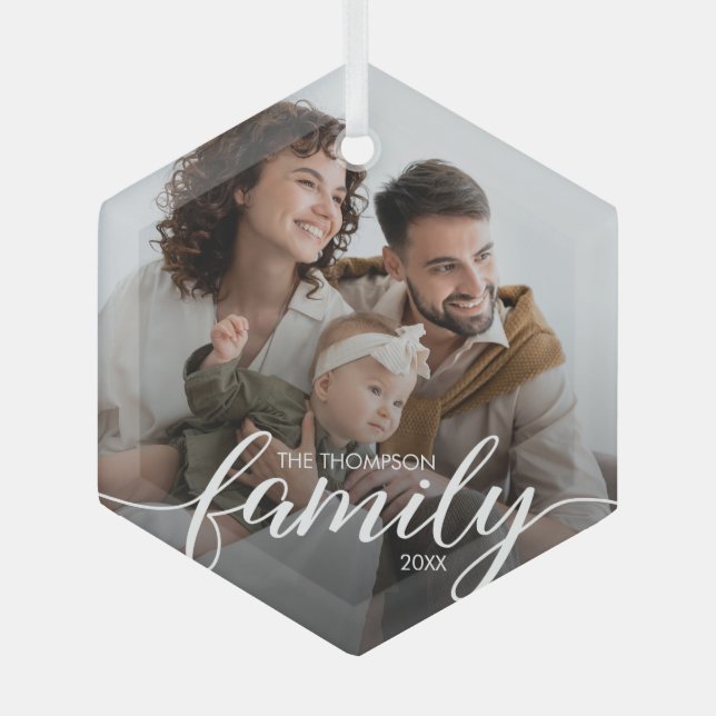 Modernes, elegantes Script Liebe Weihnachten Foto Ornament Aus Glas (Vorderseite)