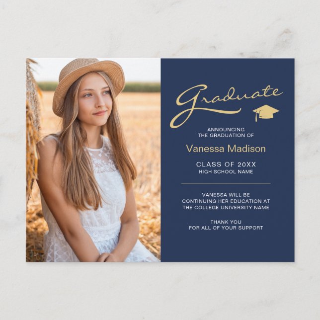Modernes, elegantes Script Navy Blue | 2 Foto Grad Postkarte (Vorderseite)