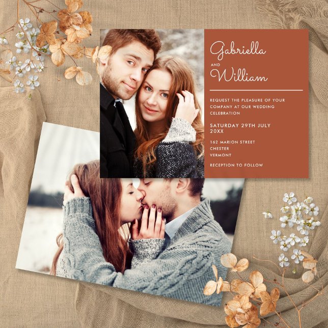 Modernes, elegantes Script Terracotta 2 Foto Weddi Einladung (Modern Elegant Script Terracotta 2 Photo Wedding Invitation)