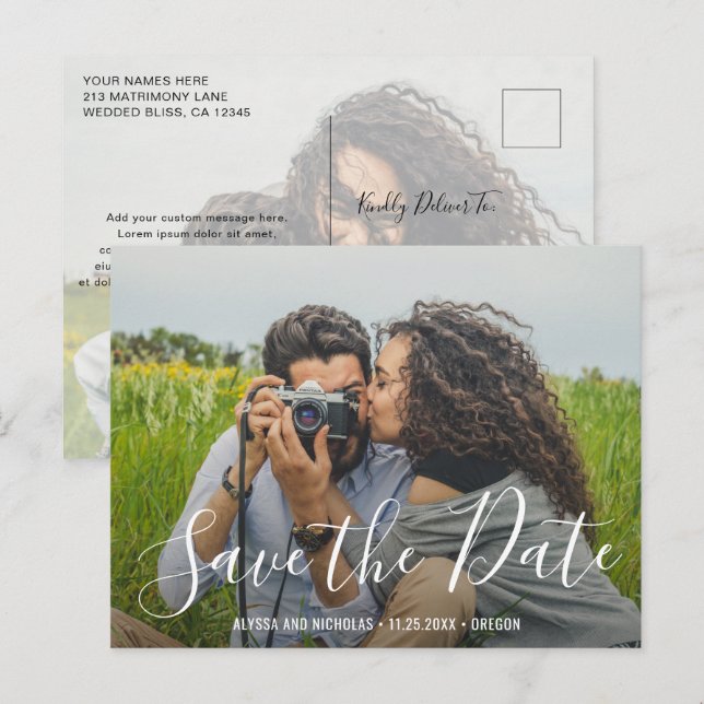 Modernes, elegantes Script-Wedding-Foto Save the D Ankündigungspostkarte (Vorne/Hinten)