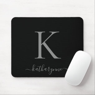 Modernes, elegantes Silver Monogram Script Black Mousepad