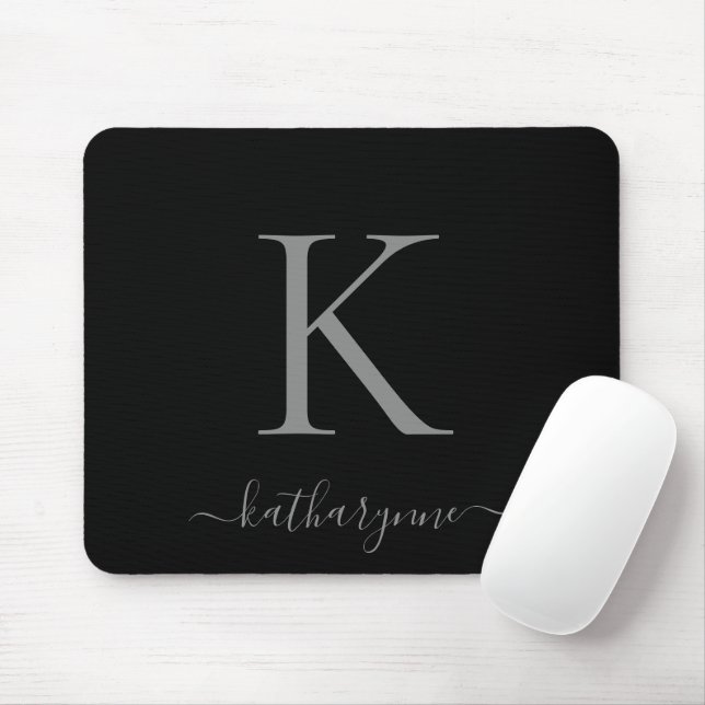 Modernes, elegantes Silver Monogram Script Black Mousepad (Mit Mouse)