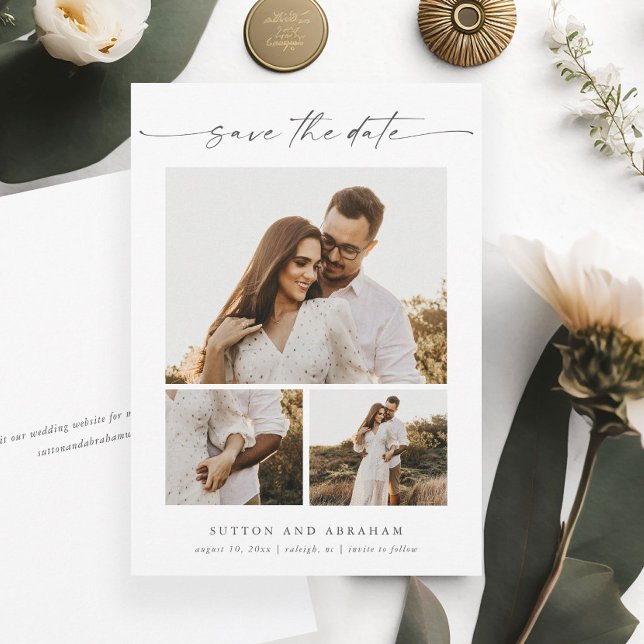 Modernes, elegantes Skript 3 FotoCollage Save The Date (Am elegant minimalist 3 photo wedding save the date with modern handwritten script typography.)