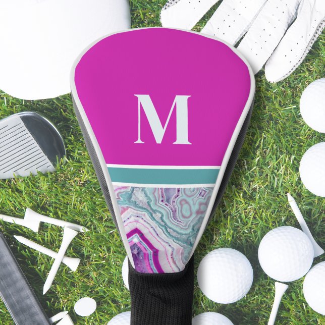 Modernes elegantes, stilvolles erstes Monogramm Golf Headcover (Modern Turquoise Magenta Agate Initial Monogram Golf Head Cover)