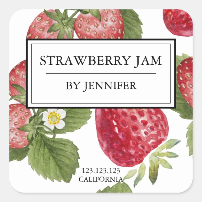 Modernes, elegantes Strawberry-Jam-Label Quadratischer Aufkleber (Vorderseite)