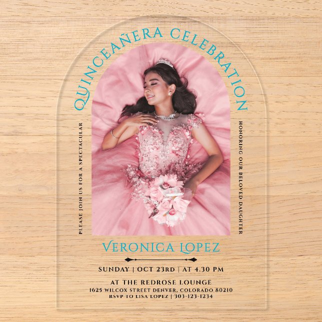 Modernes elegantes Türkis Blue Quinceanera Foto Acryleinladungen (Vorderseite)