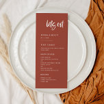 Modernes, elegantes verbranntes Backstein essen wi Menükarte<br><div class="desc">Lasst uns essen! Party für Hochzeiten oder Empfang. Ein moderner und trendiger Stil für Ihre Hochzeitsarbeit: eine kühne Typografie und ein elegantes Dekor aus gebrannten Ziegeln,  einfach zu mischen und zu passen. Vollständig anpassbare Farben und Hintergründe.</div>