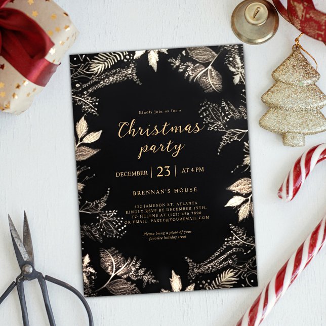 Modernes Elegantes Weihnachtsfest im Party Schwarz Einladung (Modern Elegant Christmas Party Black Gold Festive Invitation)