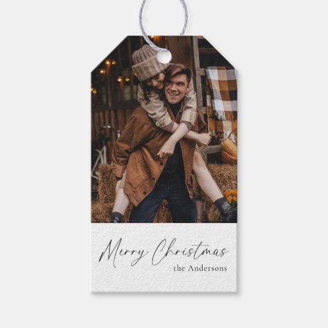 Modernes Elegantes Weihnachtsskript-Foto Geschenkanhänger (Vorderseite)