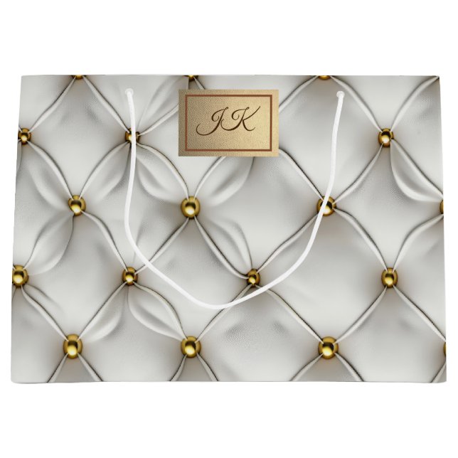 Modernes, elegantes weißes Leder Tufted Gold Große Geschenktüte (Vorderseite)