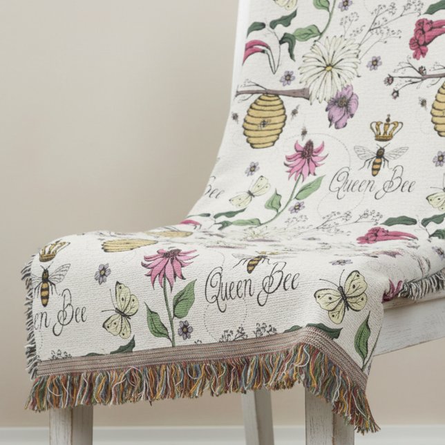 Modernes Elfenbeinqueen-Bienenblume-Illustrationsm Decke (Elegant Nature Inspired Floral Queen Bee, Wildflowers, Beehive Insect Bee Throw Blankets for Her)