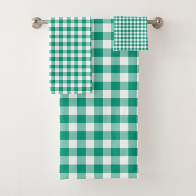 Modernes Emerald Green Checked Gingham Pattern Badhandtuch Set (Insitu)