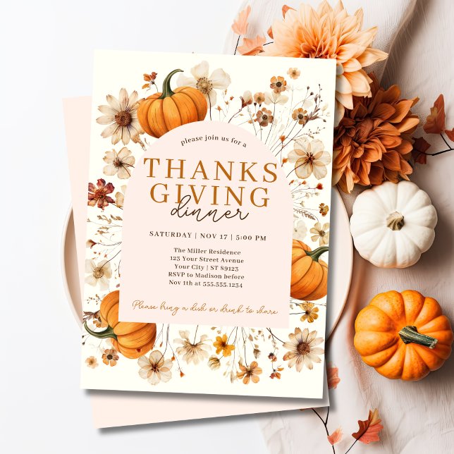 Modernes Erntedank mit Blumenkürbis Einladung (Modern Floral Pumpkin Thanksgiving Dinner Invitation)
