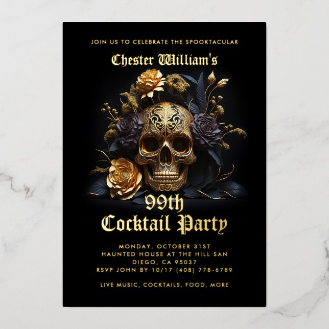 Modernes Erwachsenenschwarzes Halloween-Party Rose Folieneinladung (Vorderseite)