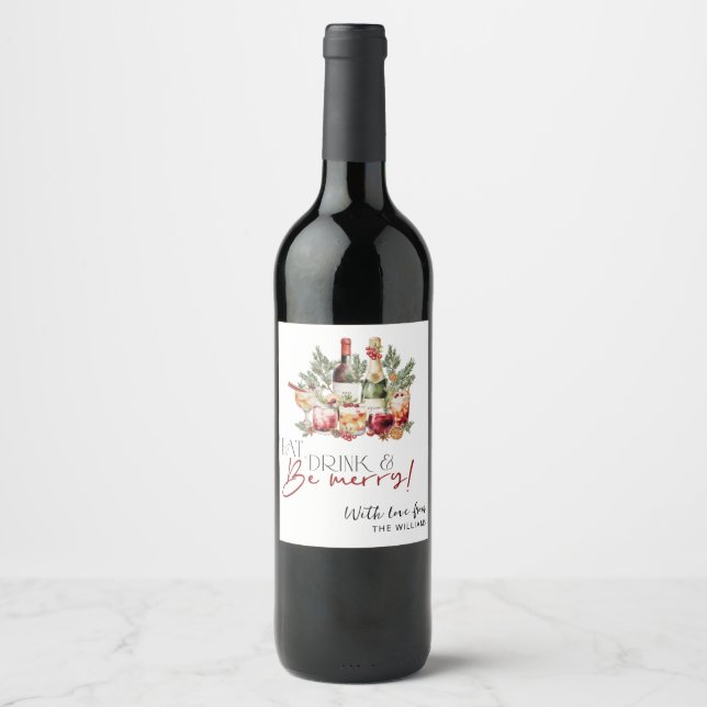Modernes Essen Drink und frohe Weihnachten. Weinetikett (Vorderseite)