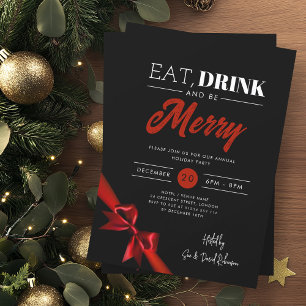 Modernes Essen, trinken Sie Merry Xmas Red Ribbon  Einladung