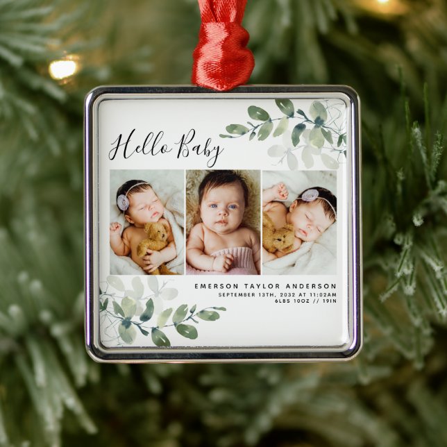 Modernes Eucalyptus Baby-Foto Ornament Aus Metall (Baum)