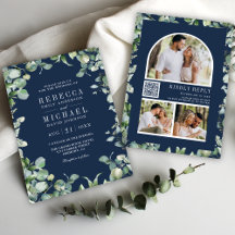 Modernes Eukalyptus-Foto QR Code Navy Blue Wedding