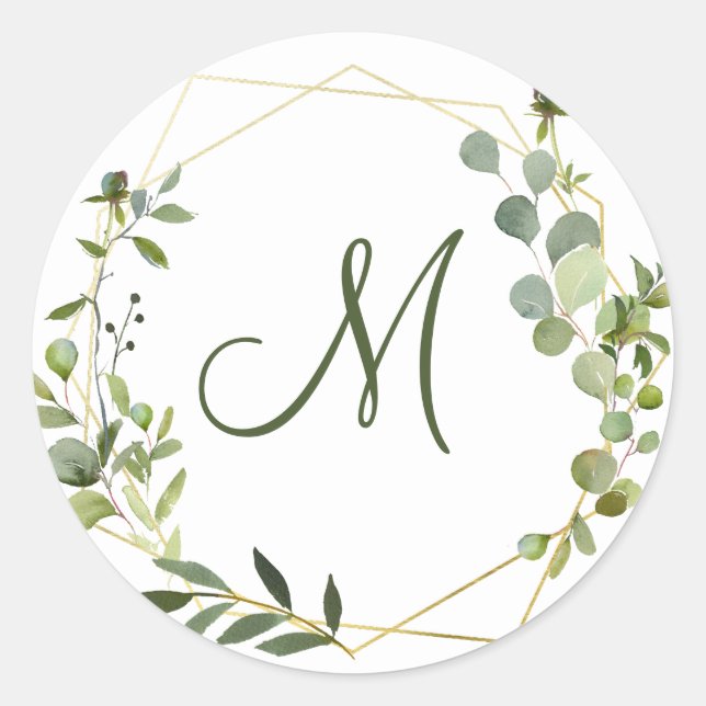 Modernes Eukalyptus Geometric Frame MONOGRAM Runder Aufkleber (Vorderseite)