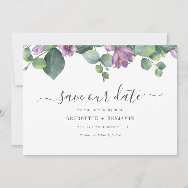 Modernes Eukalyptus-Gründungsskript Save The Date (Vorderseite)