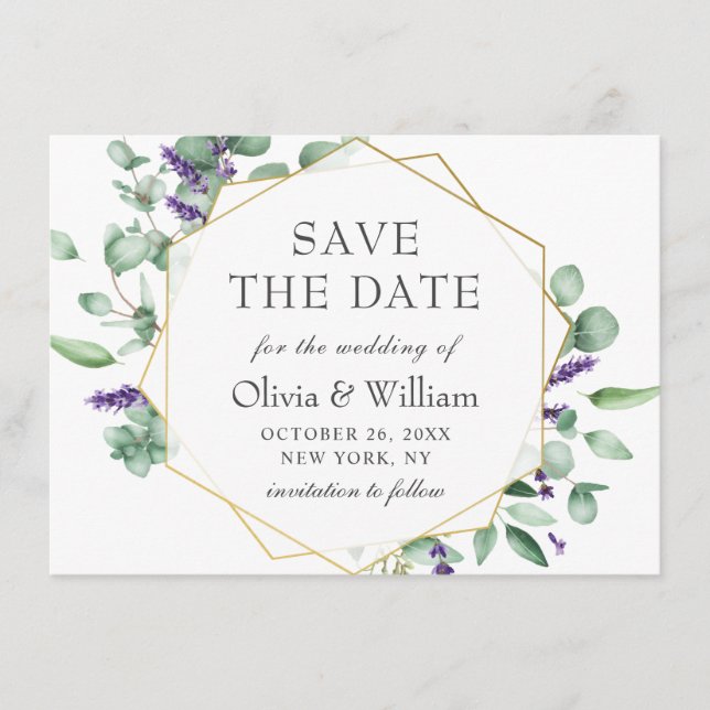 Modernes Eukalyptus Lavender Floral Foto Wedding Save The Date (Vorderseite)