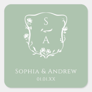Modernes Eukalyptus Monogram Floral Wappen Wedding Quadratischer Aufkleber